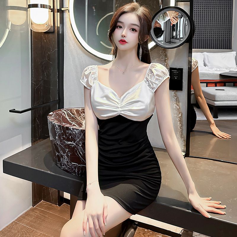 Đầm Tay Ngắn Cổ Chữ v Màu Sắc Tương Phản Thời Trang Mùa Hè Cho Nữ