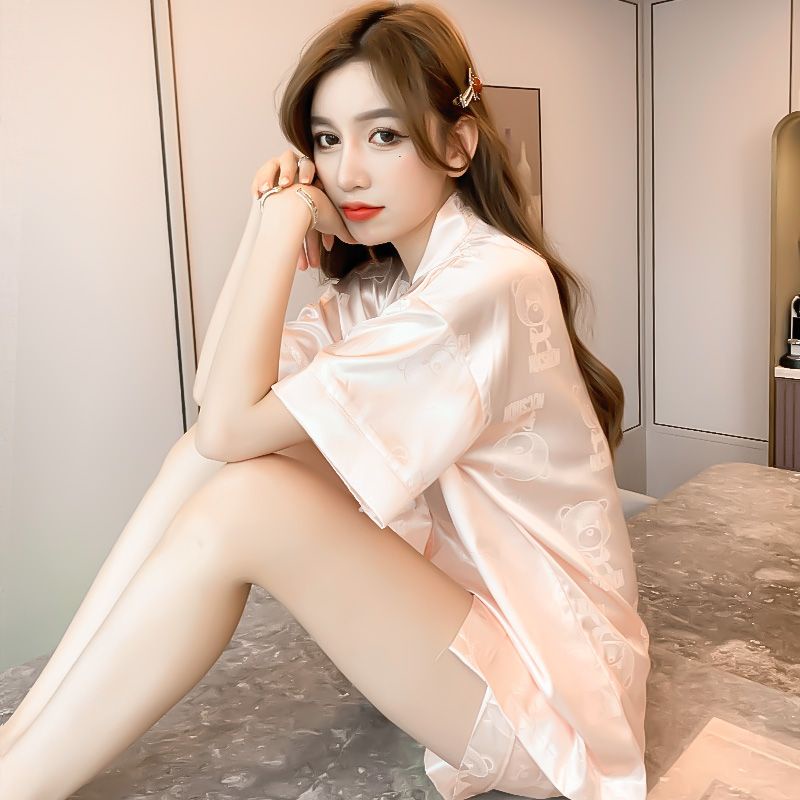 Bộ Đồ Ngủ Tay Ngắn Chất Lụa Lạnh Mỏng Họa Tiết Kẻ Sọc Thời Trang Mùa Hè 2023 Mới Cho Nữ