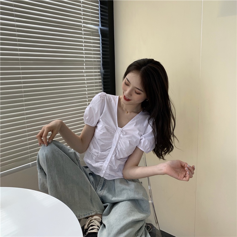 SUXI Áo Kiểu Tay Phồng Cổ Chữ V Màu Sắc Đơn Giản Phong Cách Hàn Quốc