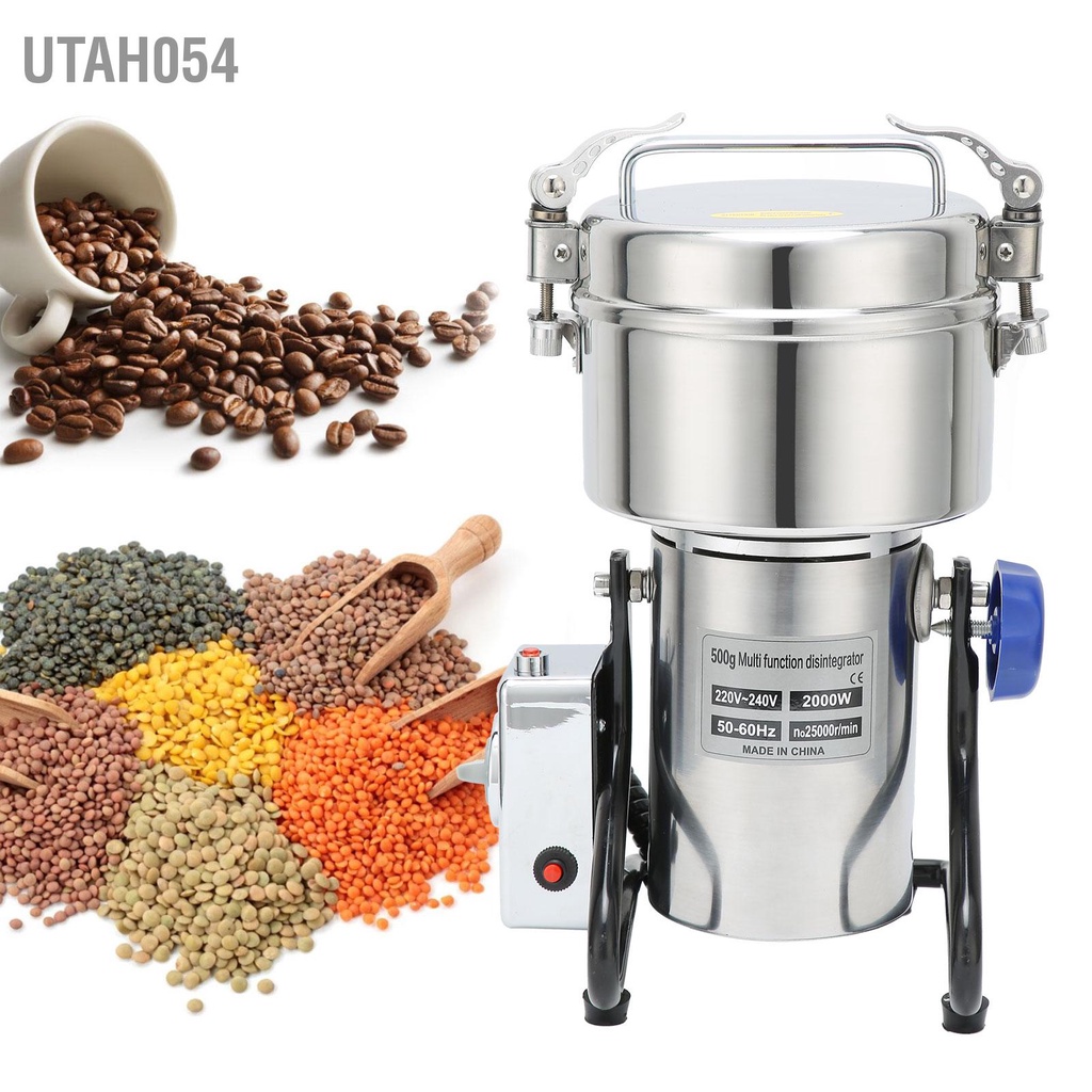 Utah054 2000W Cối Xay Ngũ Cốc Máy Điện Inox Bột Thảo Dược Ngô Mè Đậu Nành Hạt Tiêu Mồi Ăn Phích Cắm Châu Âu 220V