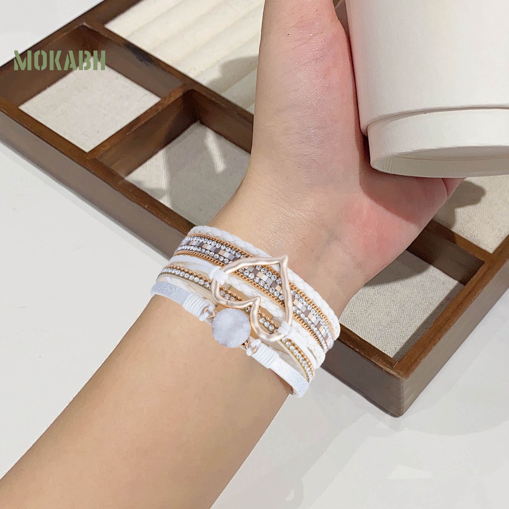 Vòng Tay Giả Da Nhiều Lớp Đính Đá Hình Trái Tim Phong Cách Bohemian Dành Cho Nữ