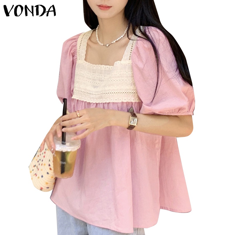 Áo sơ mi VONDA ngắn tay cổ tròn phong cách Hàn Quốc cho nữ