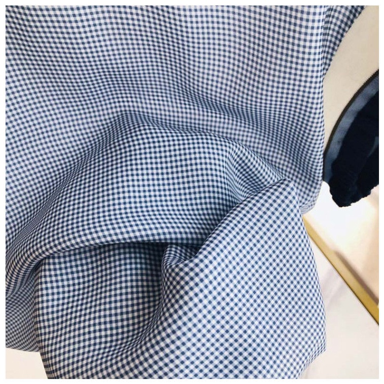 Áo Sơ Mi Chiffon Tay Ngắn Dáng Rộng Họa Tiết Caro Màu Xanh Dương Viền Gỗ Thời Trang Mùa Hè Hàn Quốc Cho Nữ