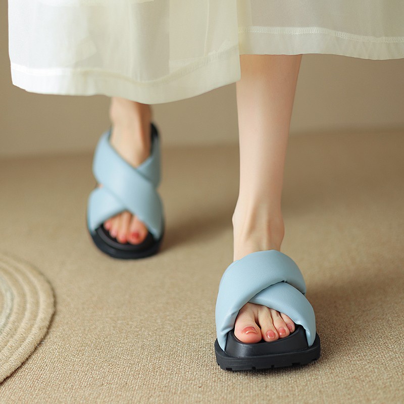 Duoya Tóc Thẳng ~ [Hàng Có Sẵn] Kem Phồng ~!Dép Bánh Mì Quai Chéo Bằng Da Mềm Dày Dặn Thời Trang Mùa Hè Cho Nữ