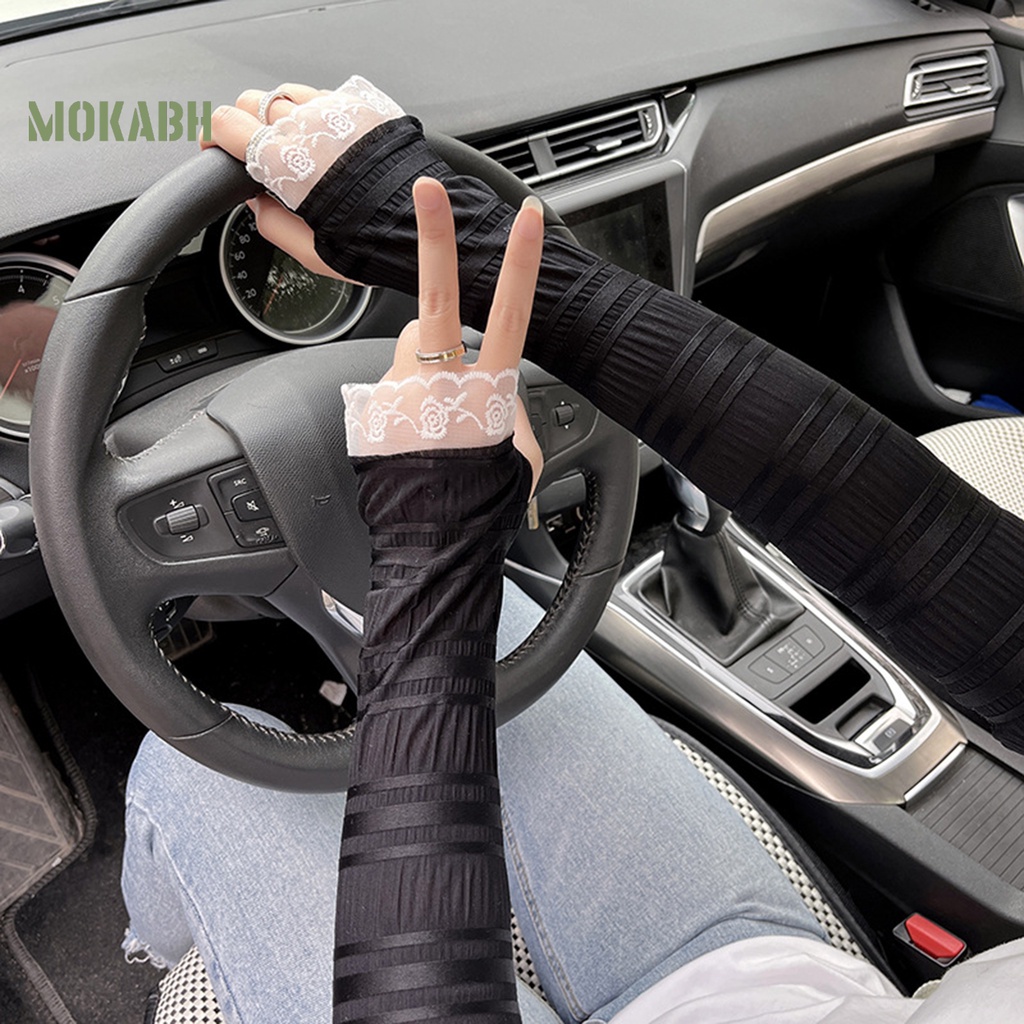 1 Cặp Găng Tay Vải Lụa Lạnh Phối Ren Lỗ Xếp Ly Thời Trang Mùa Hè