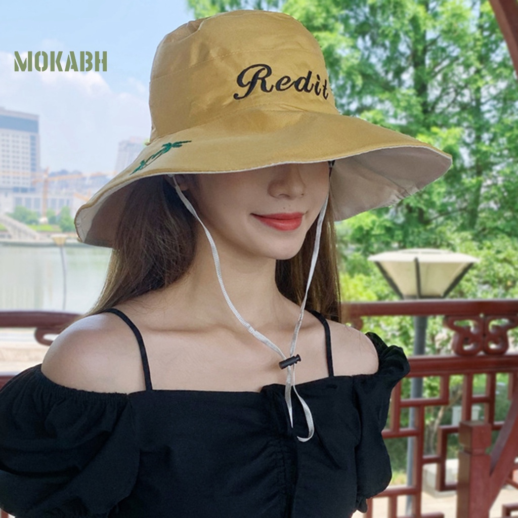 [Mok Abh] Nón Vành Tròn Dây Rút In Họa Tiết Cây Cối Và Chữ Cái Cho Nữ