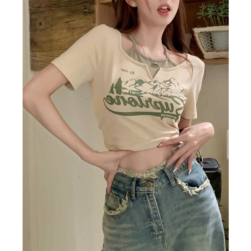 Áo Thun Ngắn Tay Giả Hai Lớp Phong Cách Âu Mỹ Cá Tính Dành Cho Nữ