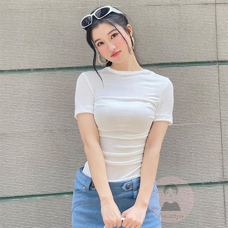 Áo Thun Tay Ngắn Cổ Tròn Xếp Ly Màu Trơn Thời Trang Mùa Hè Xinh Xắn Cho Nữ