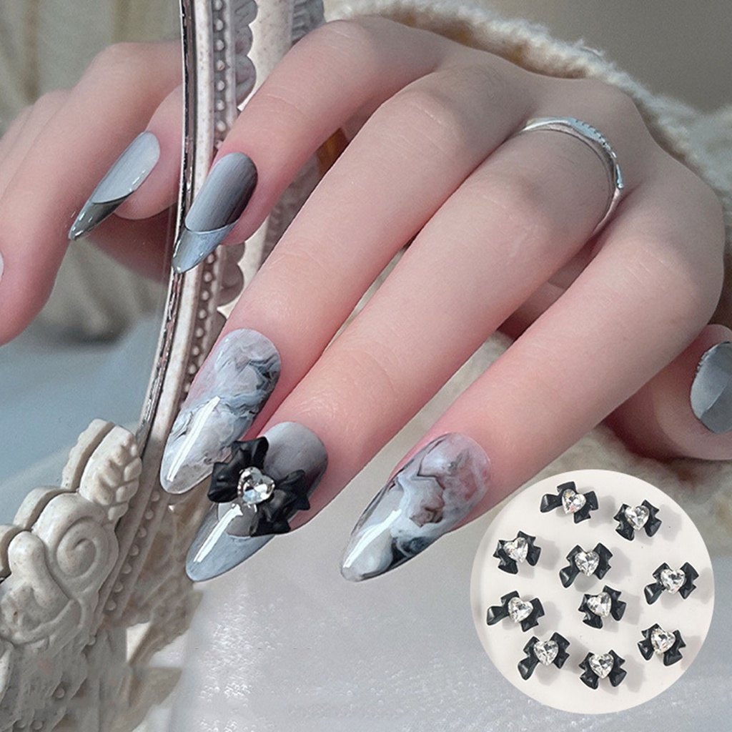 Bộ 10 Miếng Dán Trang Trí Móng Tay Hình Nơ / Trái Tim Đính Đá 3D Trọng Lượng Nhẹ