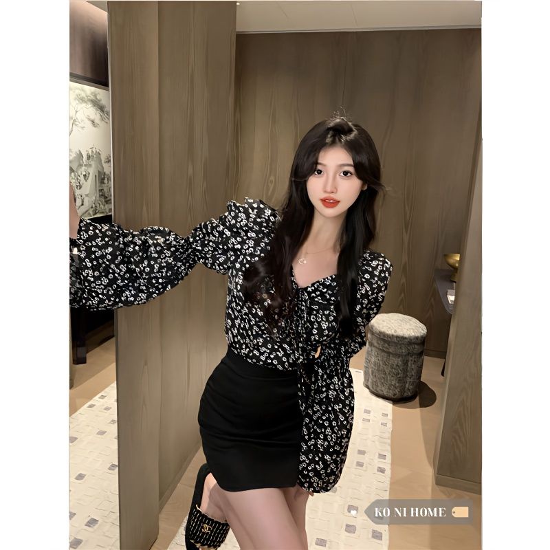 COZOK Áo Kiểu Tay Phồng Cổ Vuông Dáng Ôm In Hoa Thời Trang Quyến Rũ Cho Nữ