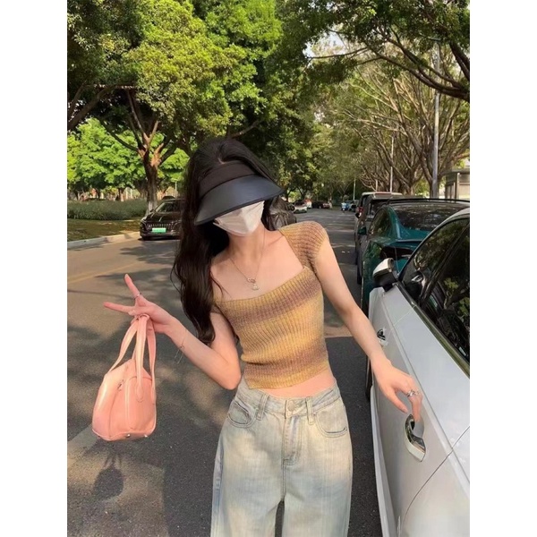 Áo Croptop Dệt Kim Tay Ngắn Cổ Vuông Thời Trang Quyến Rũ Cho Nữ