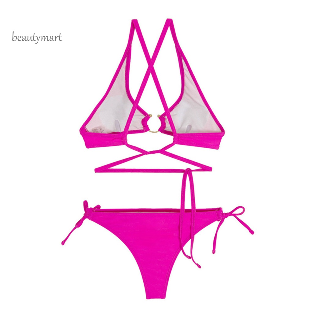 Bộ Đồ Bơi 2 Mảnh Màu Trơn Cổ Khoét Sâu Dây Đan Chéo Lưng Có Mút Nâng Ngực Thời Trang Mùa Hè Cho Nữ