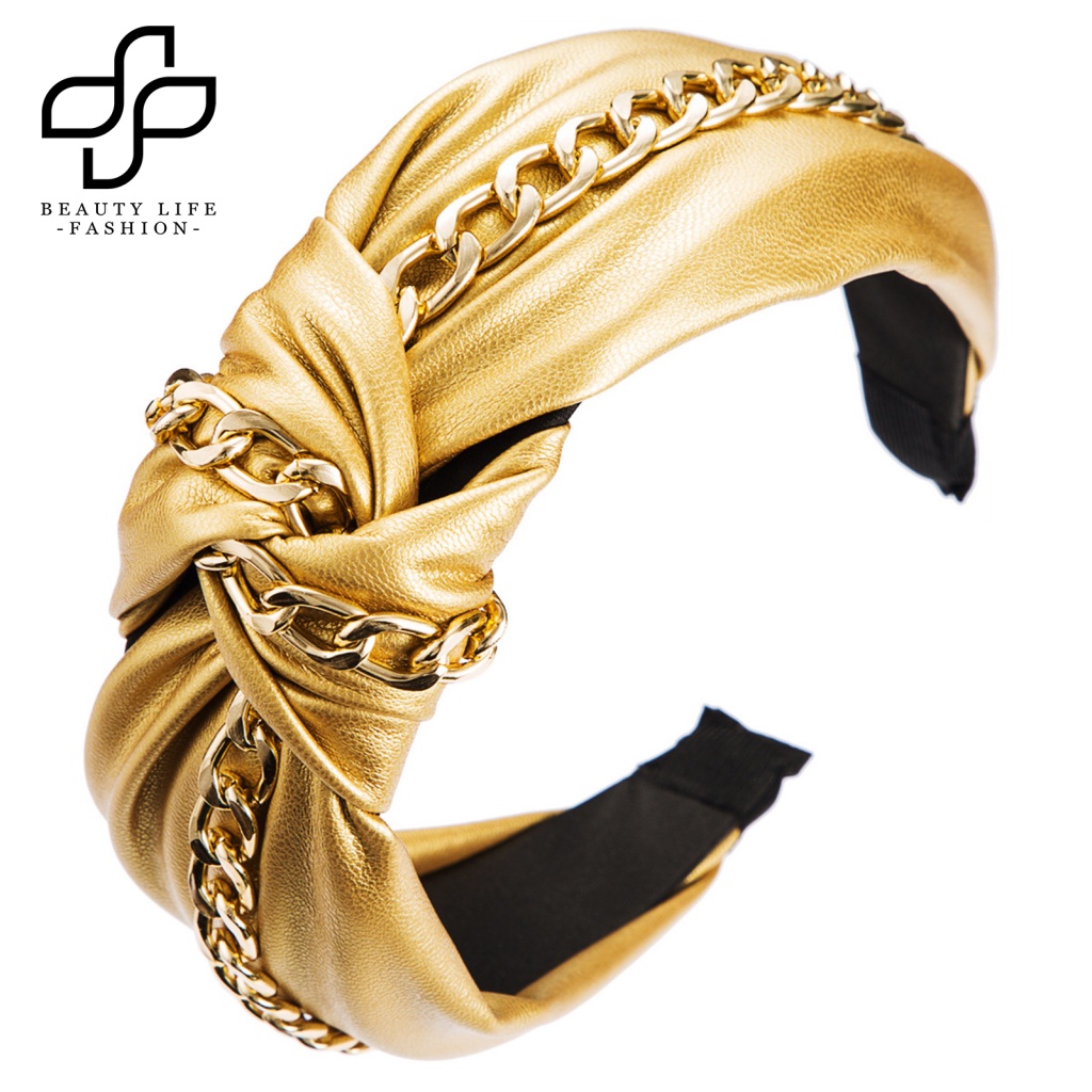 Băng Đô Cài Tóc Bằng Da Giả Chống Trượt Thắt Nút Hợp Kim