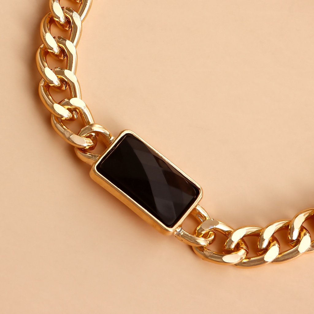 Vòng Tay Dây Xích Nhôm Mặt Vuông Đính Đá Zircon Đen Đơn Giản Cá Tính Dành Cho Nữ