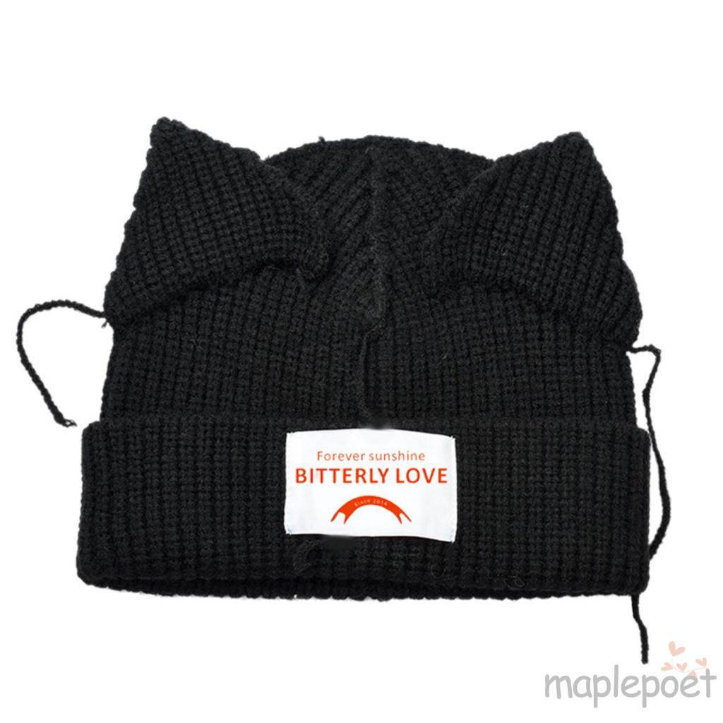 Mũ Len Beanie Dệt Kim In Họa Tiết Tai Mèo Thời Trang Thu Đông Màu Be / Đen / Xanh Dương