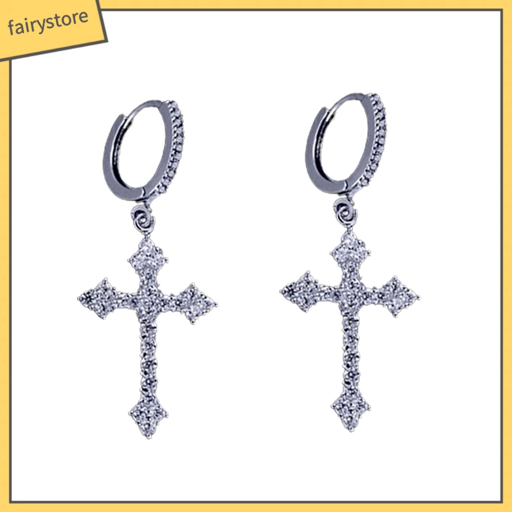 1 Đôi Bông Tai Hình Chữ Thập Lấp Lánh Phong Cách Hip Hop