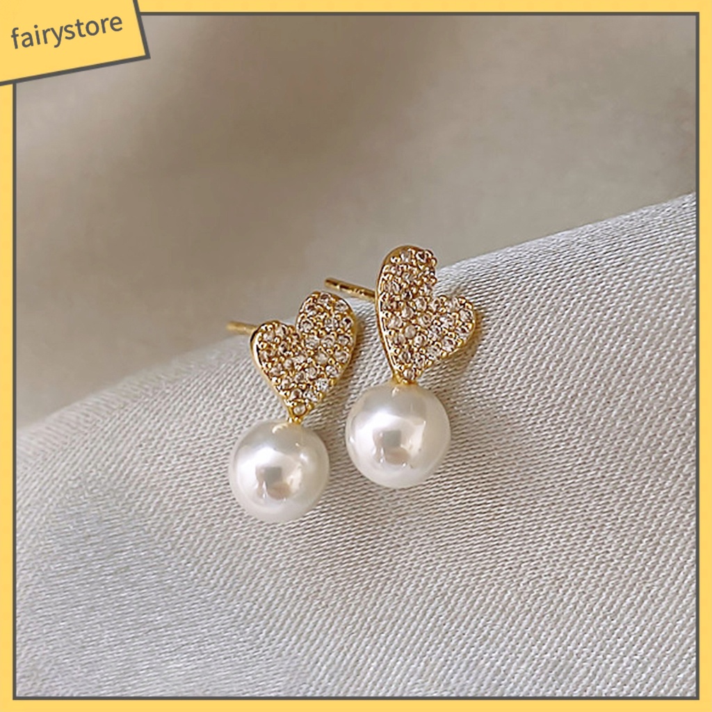 1 Đôi Bông Tai Hình Trái Tim Đính Ngọc Trai Giả Phong Cách Pháp Cổ Điển