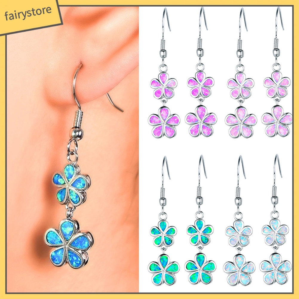 Bông Tai Dài Hình Hoa Đính Đá Opal Giả Thời Trang Cho Nữ