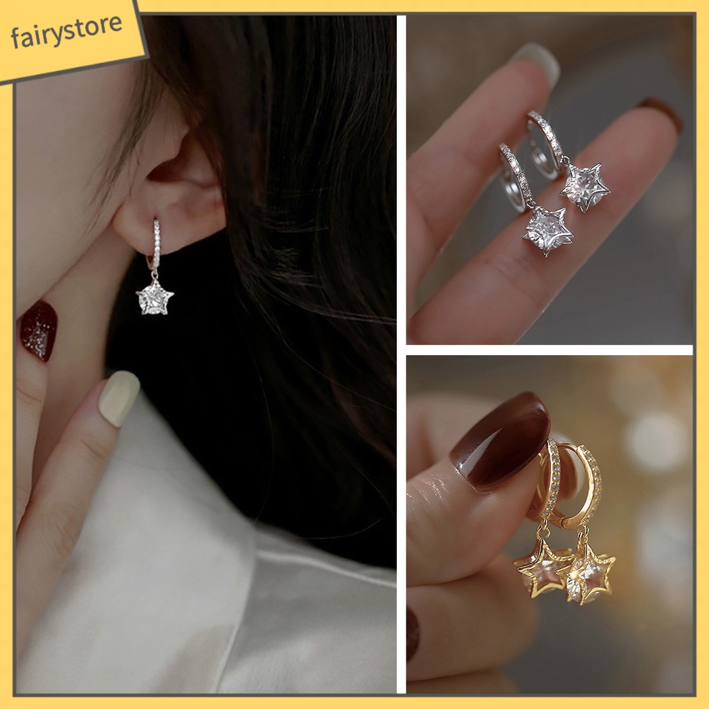 1 Đôi Bông Tai Dáng Dài Hình Ngôi Sao Đính Đá Phong Cách Retro