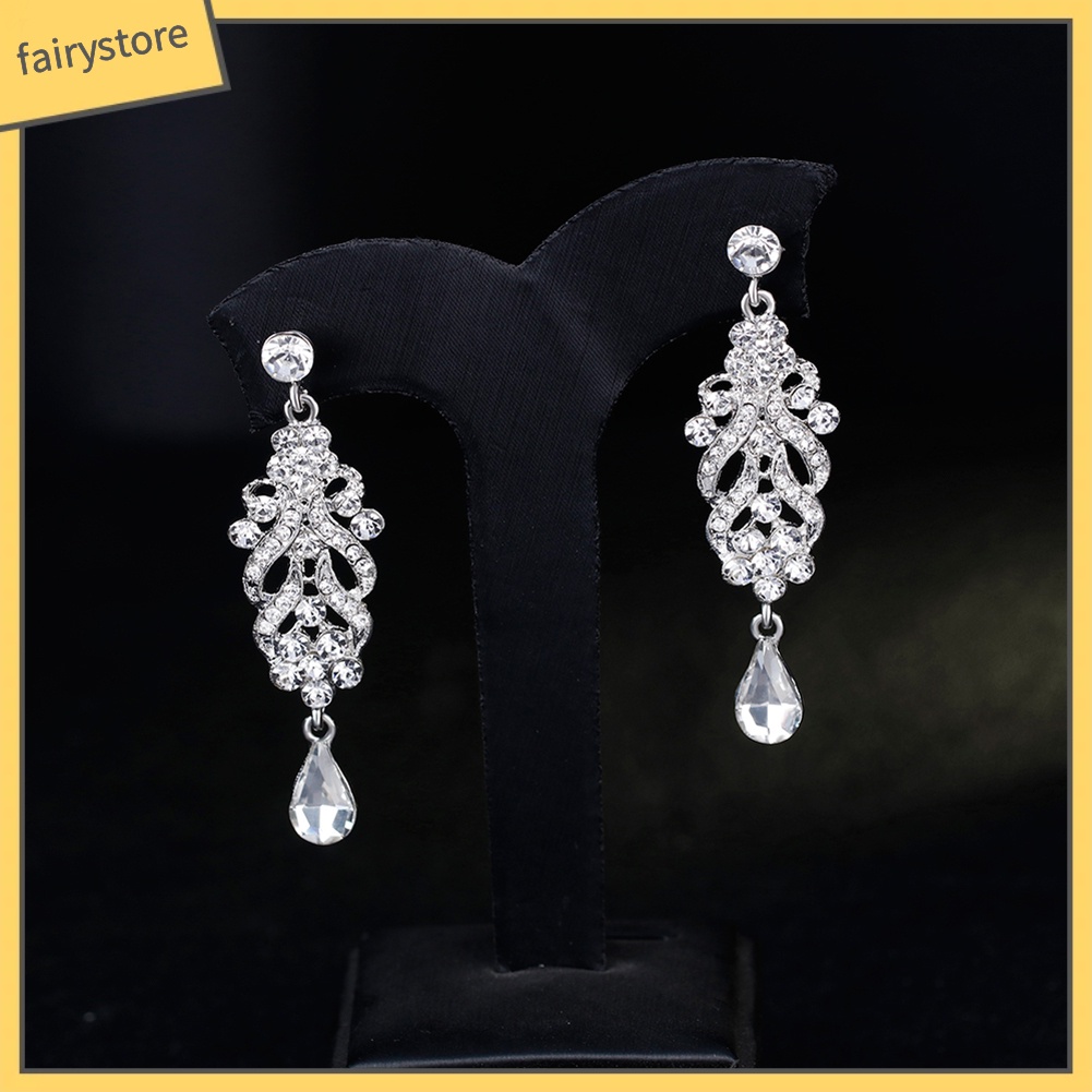 Bông Tai Dáng Dài Hình Hoa Đính Đá Lấp Lánh Cho Cô Dâu