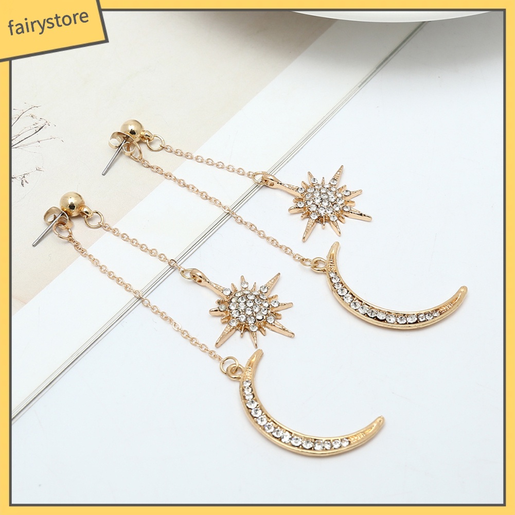 Bông Tai Dài Hình Trăng Sao Đính Đá Thời Trang Dành Cho Nữ