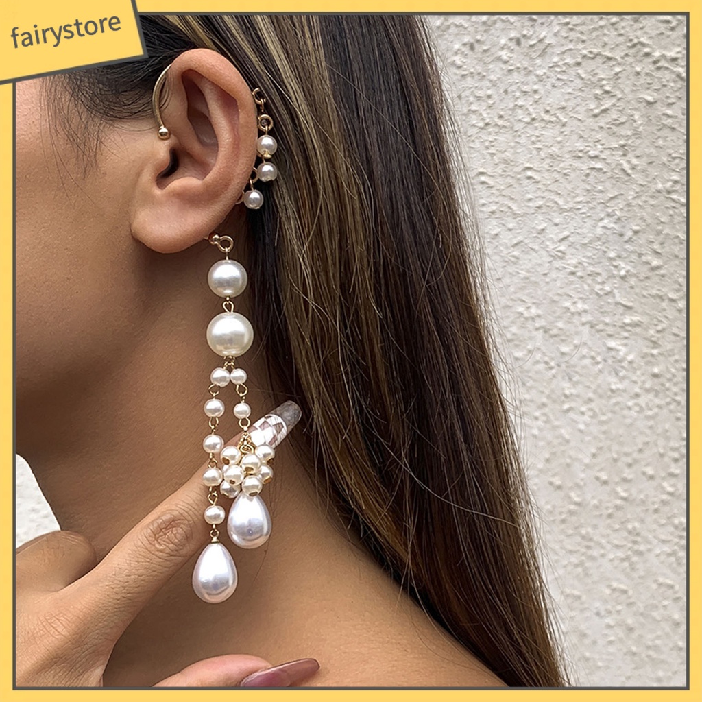 1 Khuyên Kẹp Vành Tai Dáng Dài Đính Ngọc Trai Nhân Tạo Thời Trang