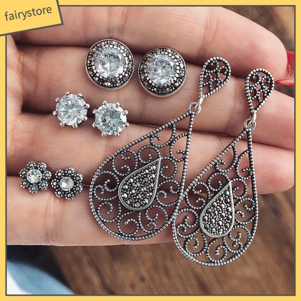 Bộ Khuyên Tai Đính Đá Hình Giọt Nước Phong Cách Boho Cổ Điển