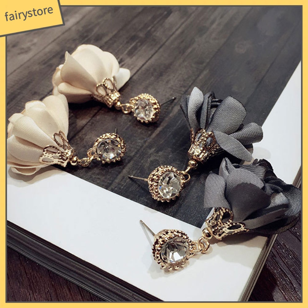 Bông Tai Dáng Dài Hình Cánh Hoa Đính Đá Thời Trang Cho Nữ