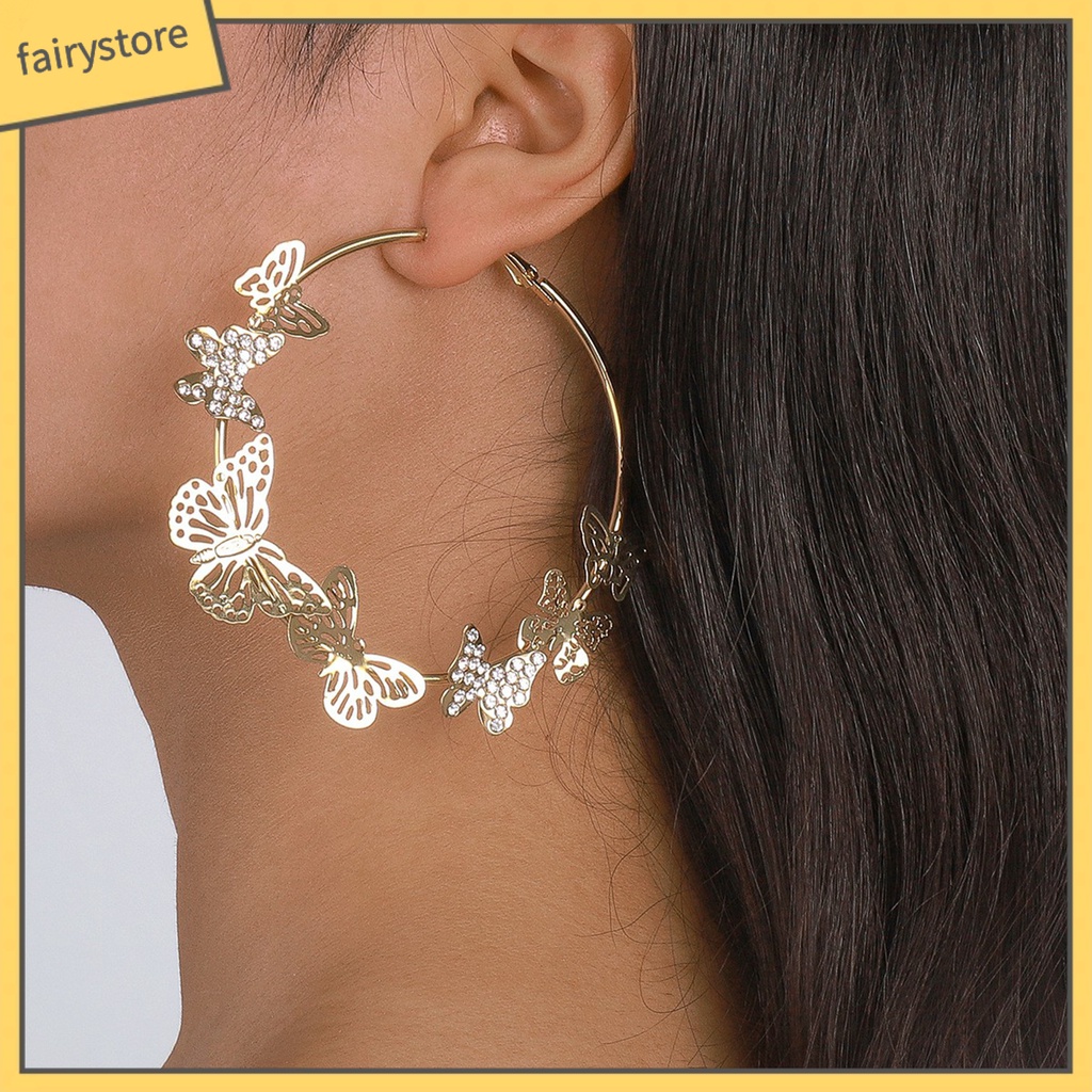 1 Đôi Bông Tai Tròn Đính Đá Hình Bướm 3D Sáng Bóng Phong Cách Vintage Dành Cho Nữ