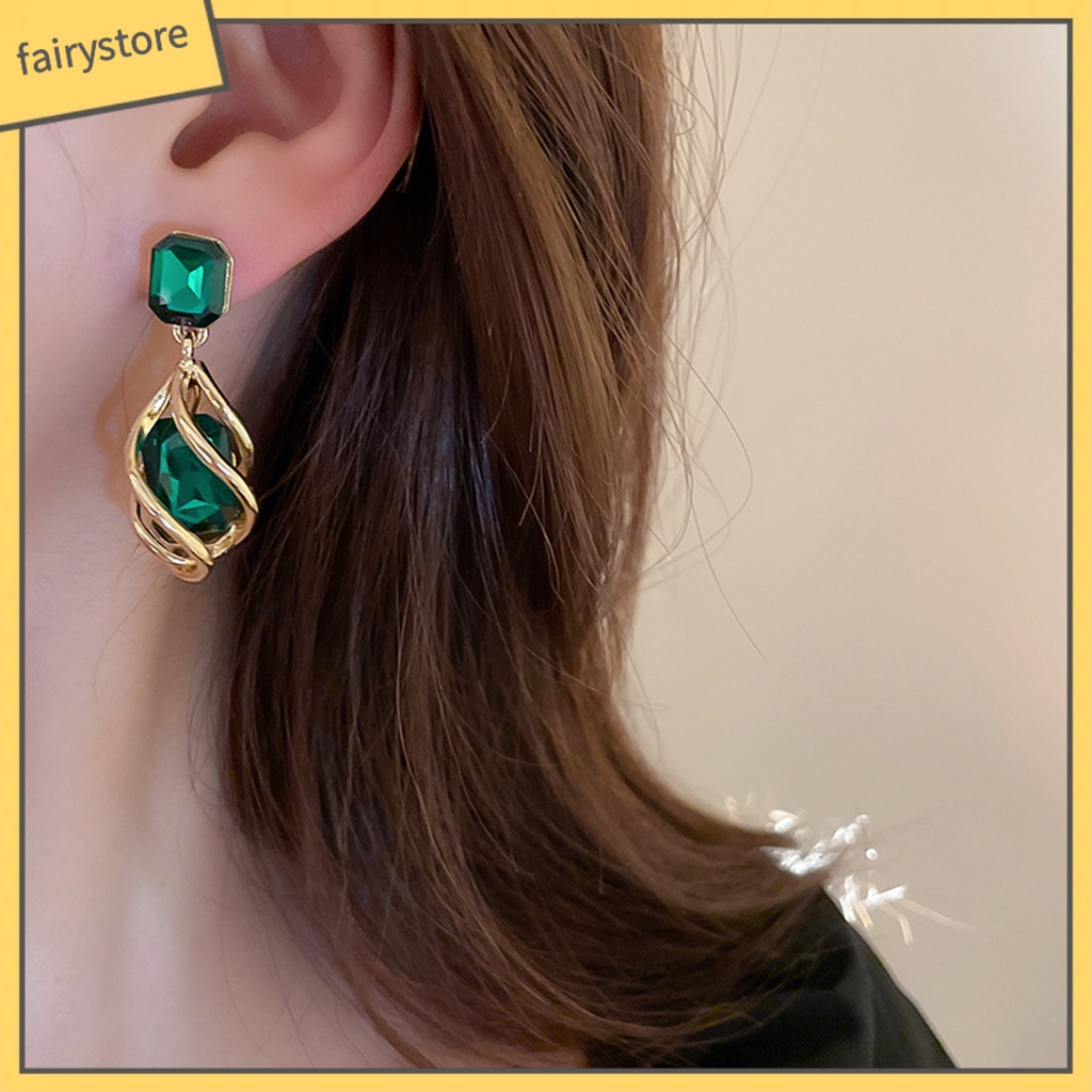 1 Đôi Bông Tai Hình Vuông Đính Đá Ngọc Lục Bảo Nhân Tạo Phong Cách Vintage Thời Trang