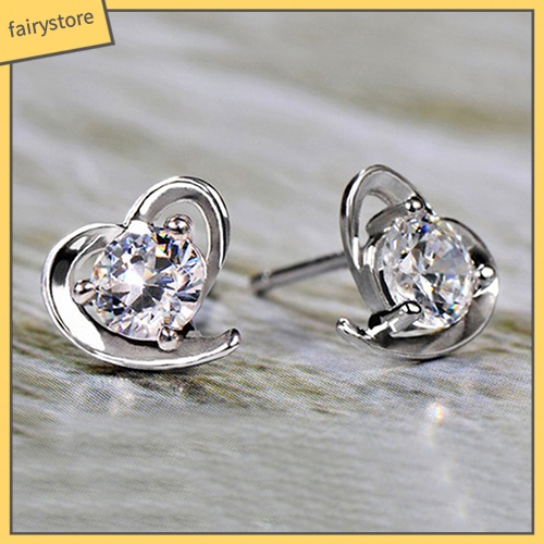 Bông Tai Mạ Bạc 925 Hình Trái Tim Đính Đá Thời Trang Dành Cho Nữ