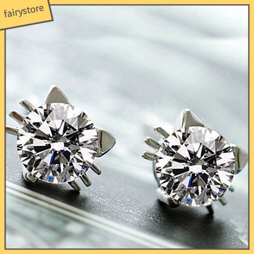 Bông Tai Mạ Bạc 925 Hình Mèo Đính Đá Zircon Dễ Thương