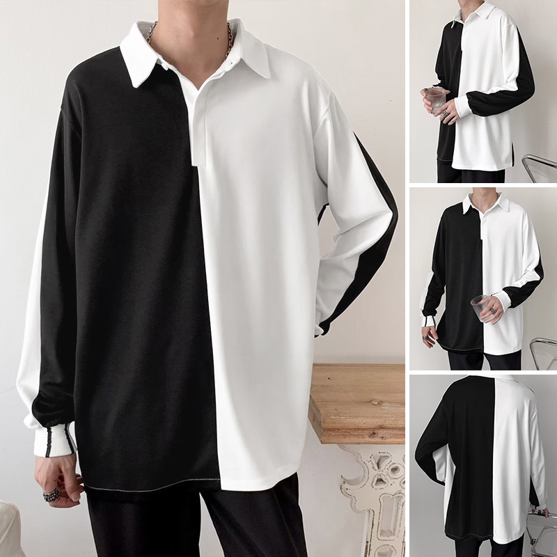 XMAN Hàn Quốc cao cấp màu đen va chạm áo polo dài tay áo T-shirt