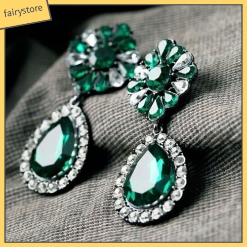 Khuyên Tai Hình Giọt Nước Đính Đá Xanh Lá Phong Cách Vintage