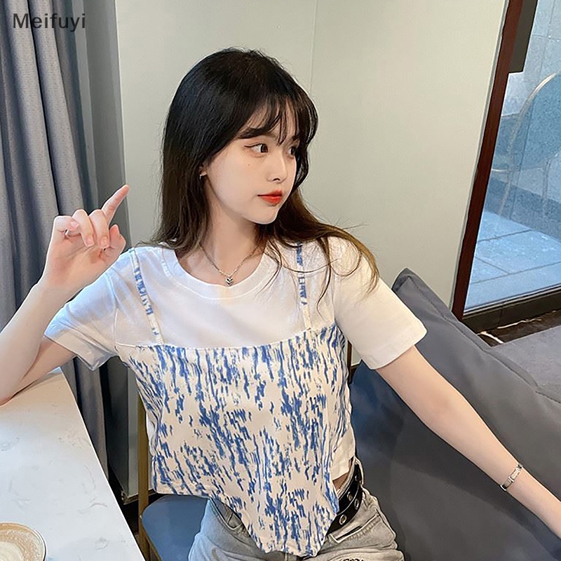 Áo Thun Ngắn Tay Cổ Tròn Giả Hai Lớp Nhuộm Màu Thời Trang Mùa Hè Cho Nữ