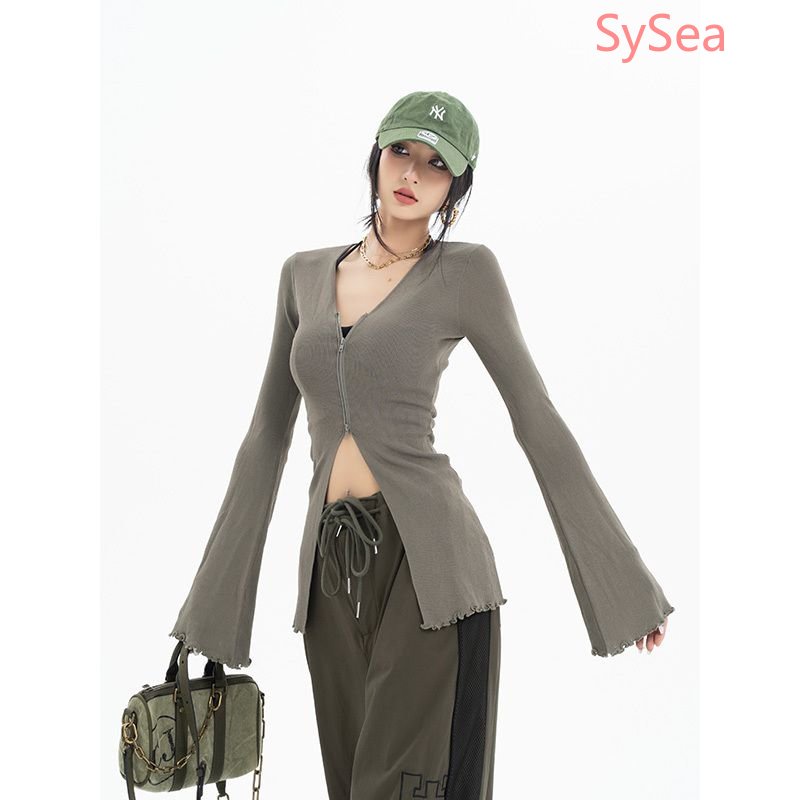 Áo Kiểu Tay Loe Cổ Chữ V Phối Khóa Kéo Thời Trang Mùa Hè Cho Nữ