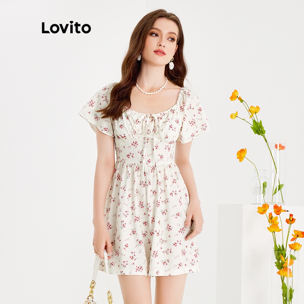 Áo liền quần Lovito thêu ống loe thắt dây xếp ly họa tiết hoa boho cho nữ L51ED144 (màu trắng)
