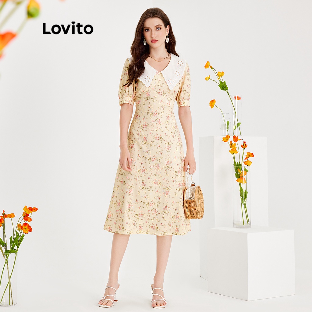 Đầm Lovito tay phồng thêu họa tiết cổ đứng tương phản họa tiết hoa boho cho nữ L51ED133 (màu vàng nhạt)