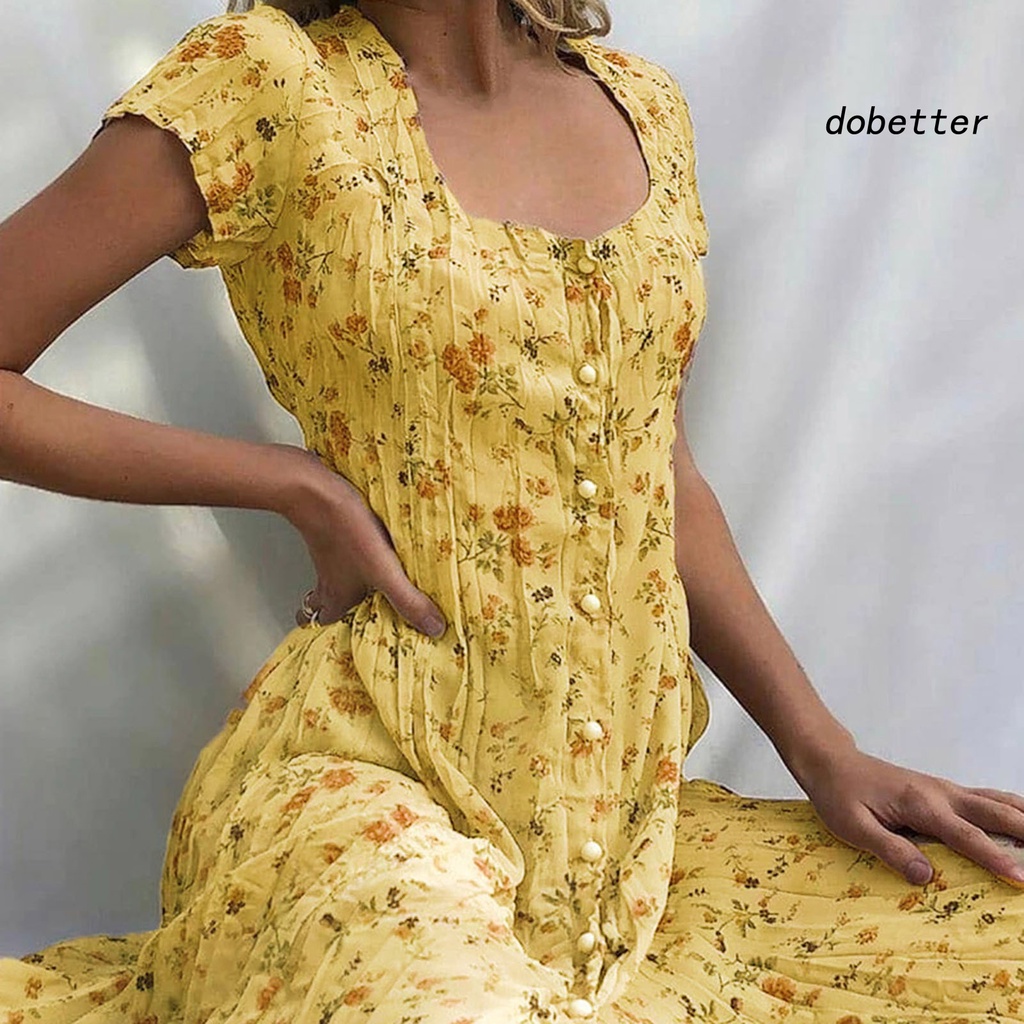 [DO] Đầm Maxi Tay Ngắn In Hoa Viền Lớn Cài Một Hàng Nút Thanh Lịch Mùa Hè Cho Nữ