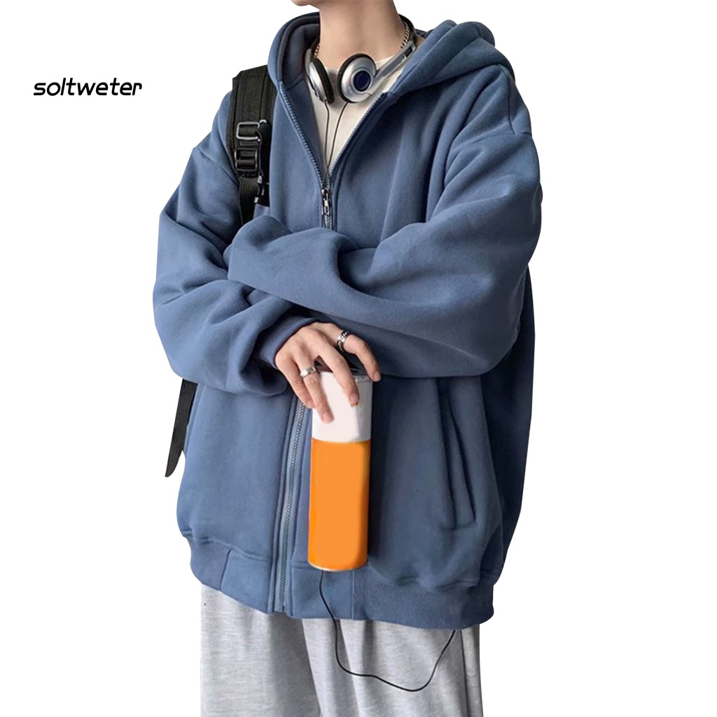 Áo Khoác Cardigan Màu Trơn Tay Dài Có Khóa Kéo Và Túi Dáng Rộng Co Giãn Thời Trang Mùa Thu Cho Nam