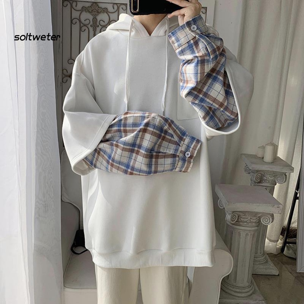 St Áo Hoodie Giả Hai Lớp Dáng Rộng Có Mũ Trùm Và Dây Rút In Họa Tiết Caro Cài Nút Phong Cách Trẻ Trung Mù