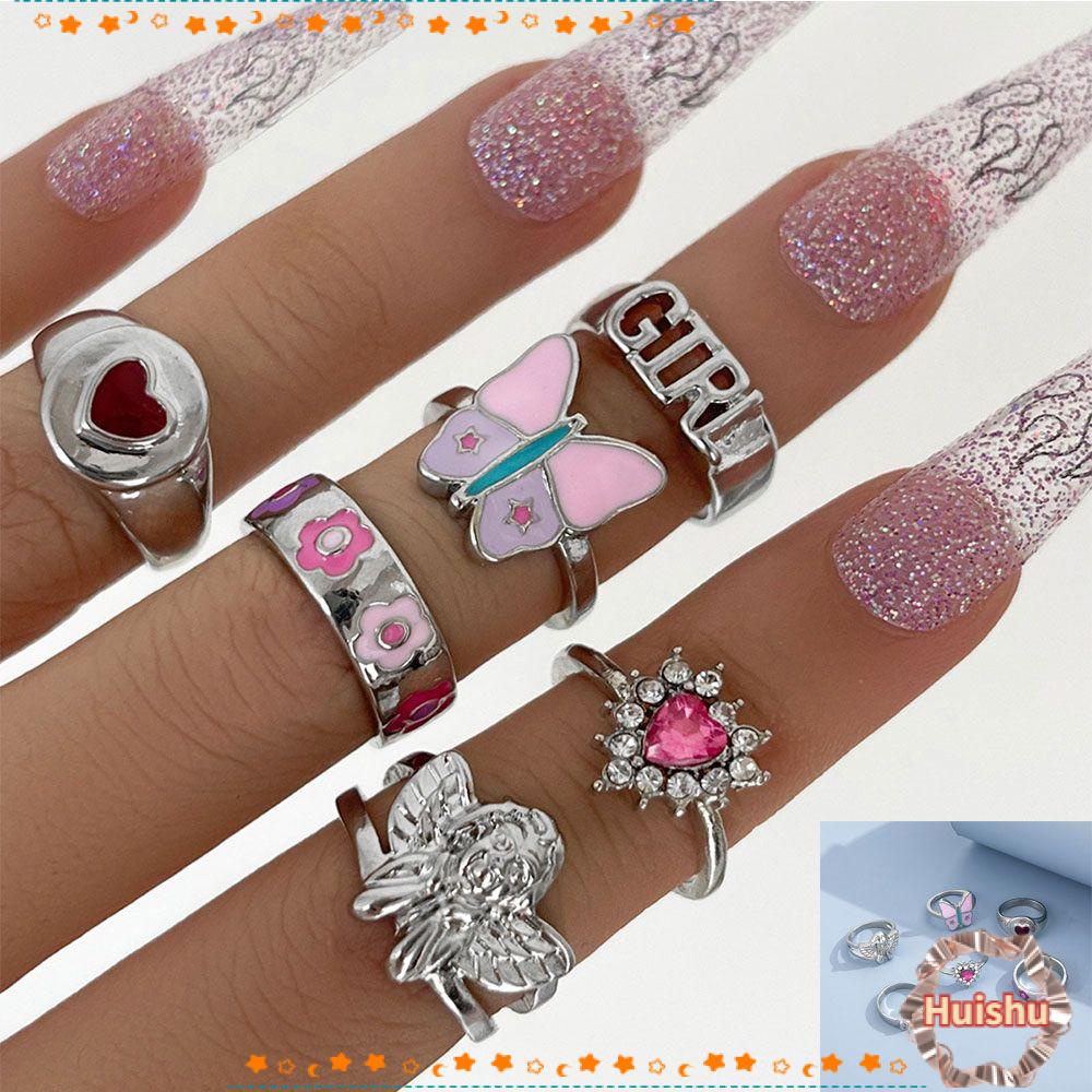 Set 6 Nhẫn Đeo Tay Màu Hồng Thời Trang Cho Nữ