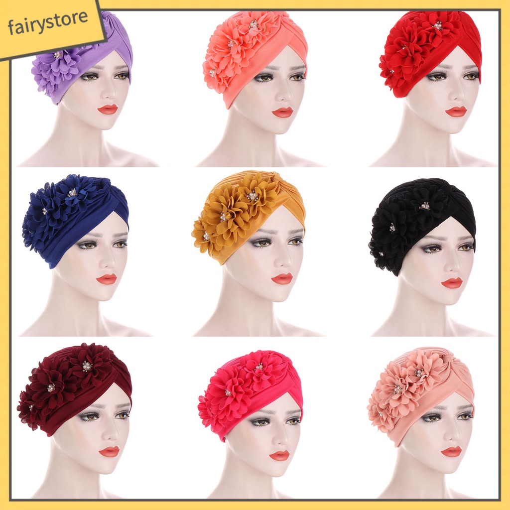 Mũ Turban Trùm Đầu Co Giãn Thiết Kế Ba Bông Hoa Thời Trang