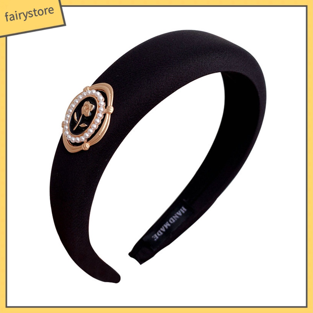 Băng Đô Cài Tóc Bản Rộng Đính Hoa Trà Và Ngọc Trai Nhân Tạo Màu Trơn Kiểu Vintage