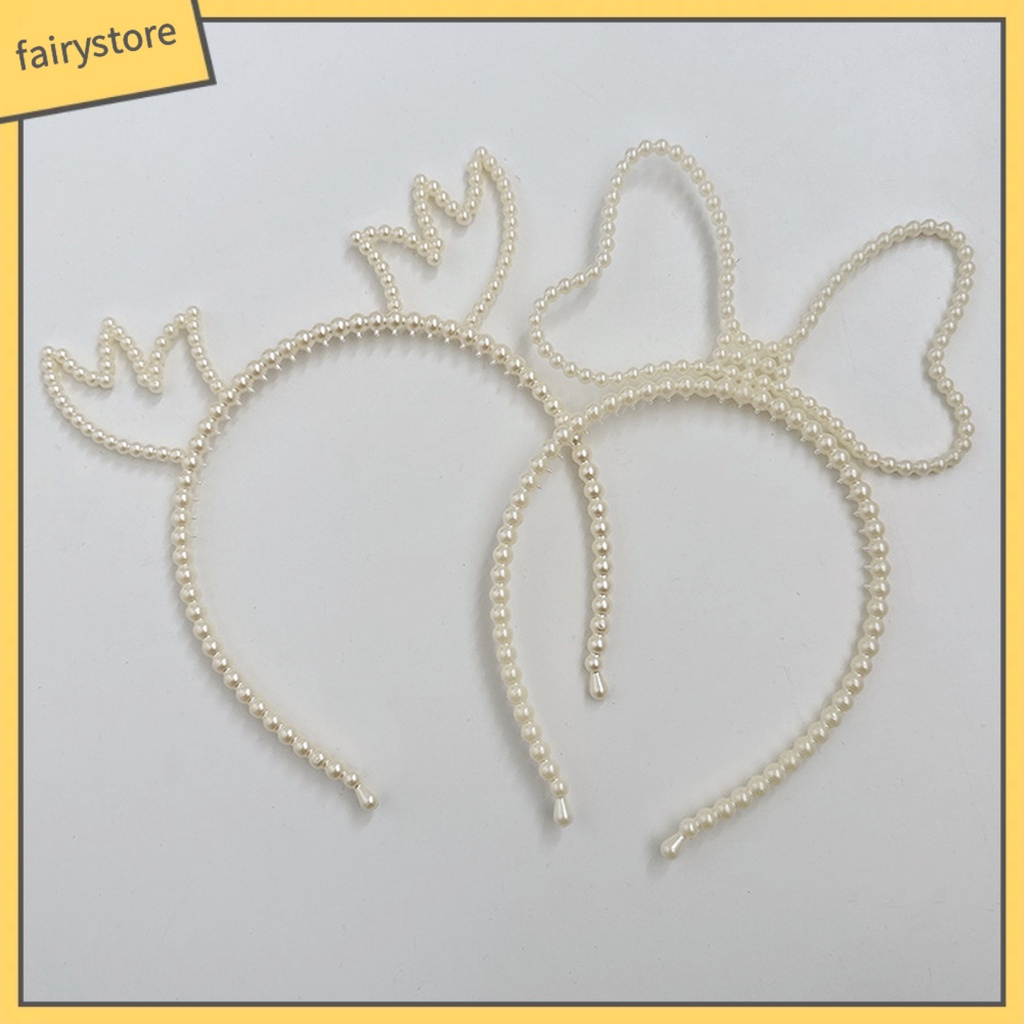 Băng Đô Hình Sừng Hươu Đính Ngọc Trai Giả Màu Trơn Co Giãn Dành Cho Nữ