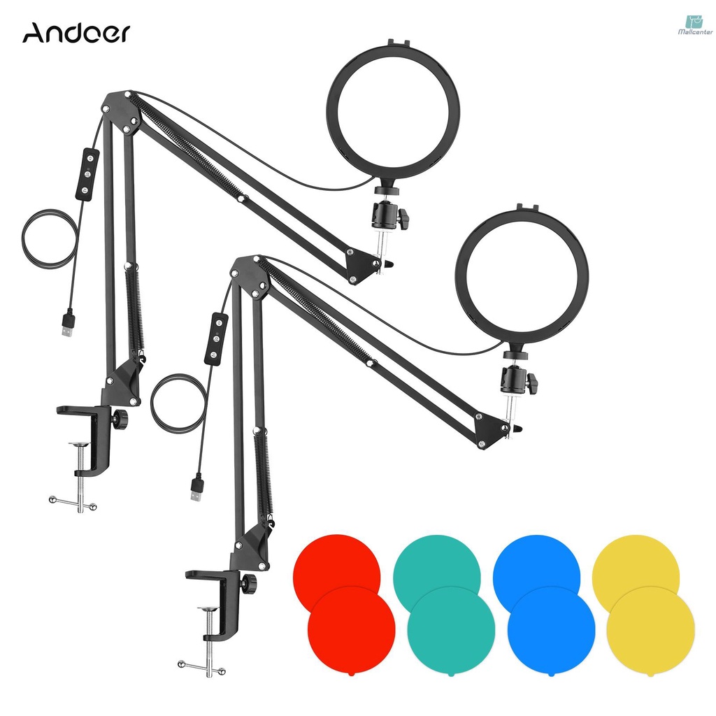 Andoer 6 Inch Round Shape LED Video Light Kit Including 2 * 5600K USB LED Fill Light with Cold Shoe Mount + 2 * Desk Mount Metal Light Stand  + 2 * Flexible Metal Ballhead + 8 * Color Filters(Red/Yell