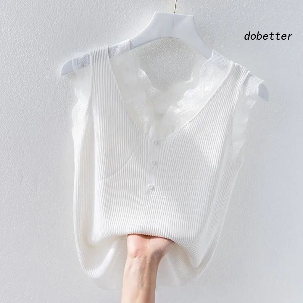 [DO] Áo Không Tay Cổ Chữ V Ôm Dáng Phối Ren Mỏng Màu Trơn Trang Trí Nút Trang Trí Mùa Hè Dành Cho Nữ