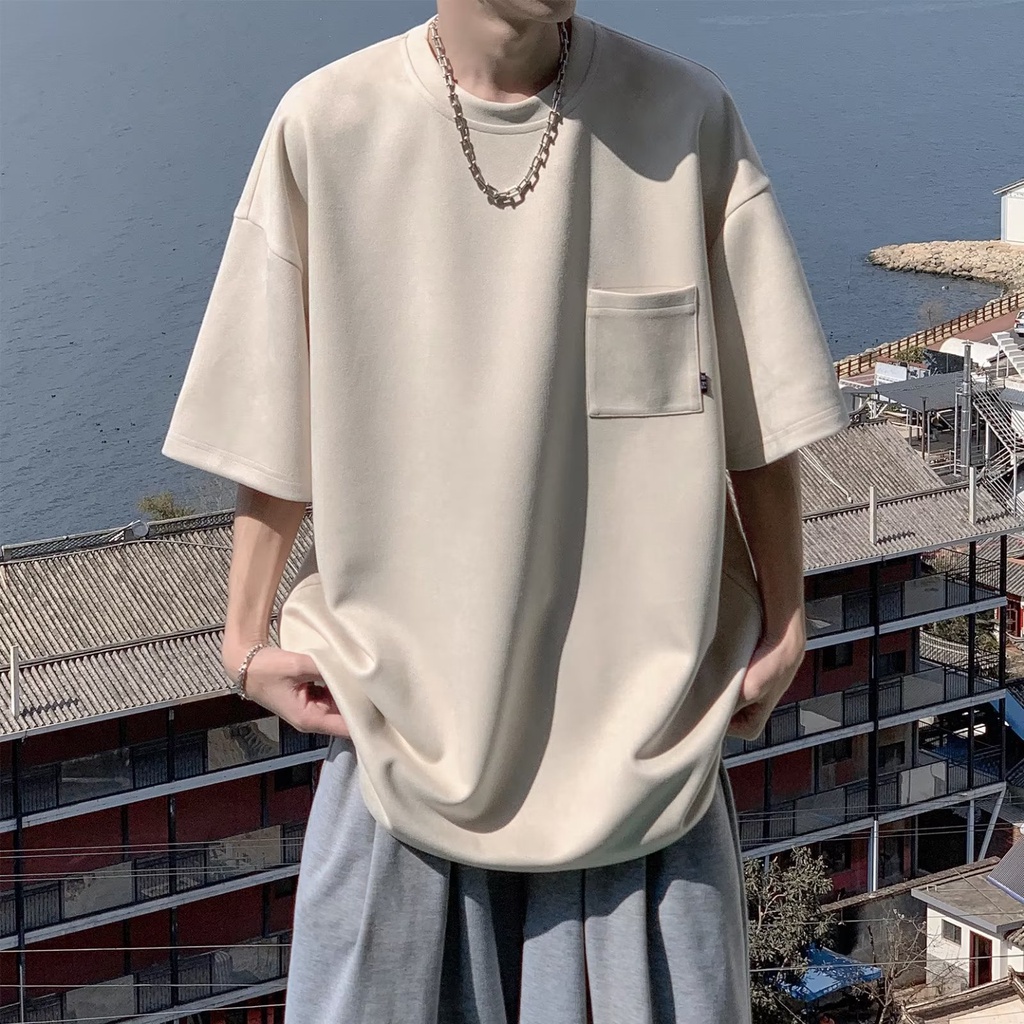 Áo Thun Tay Ngắn Cổ Tròn Có Túi Đơn Giản Phong Cách Đường Phố Mỹ Cho Nam