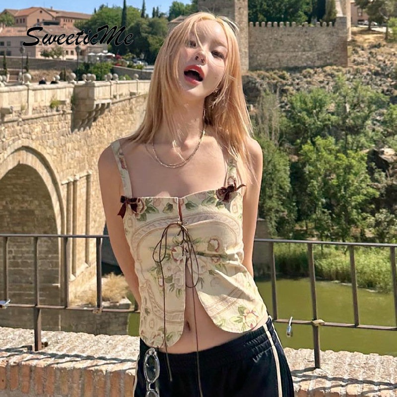 Áo Tank Top Dáng Ôm In Họa Tiết Đính Nơ Thời Trang 2023 Quyến Rũ Cho Nữ