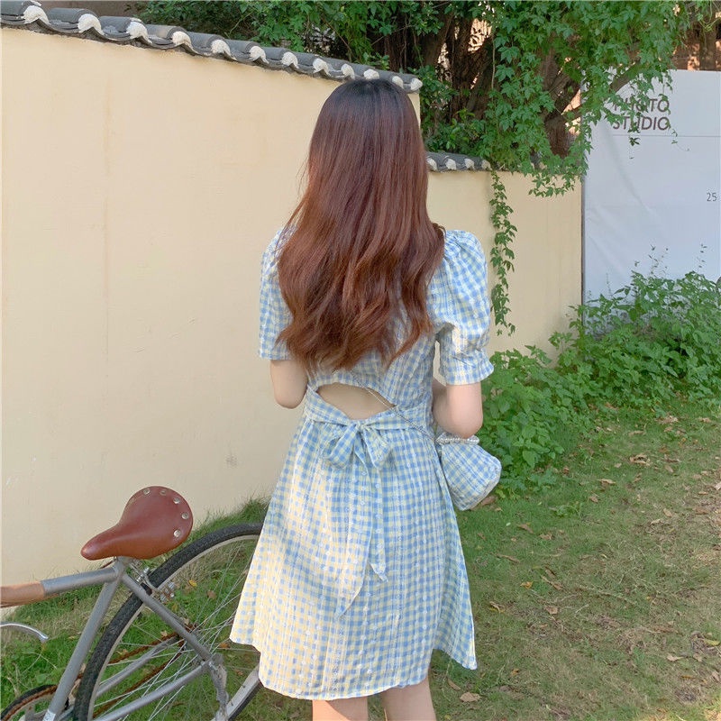 Đầm Ngắn Tay Họa Tiết Sọc Caro Phong Cách Pháp Cổ Điển Thời Trang Mùa Hè Cho Nữ